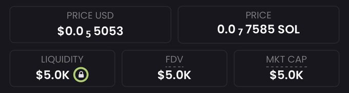 The image displays trading metrics for a low-cap token: PRICE USD $0.0₅5053 (0.0₇7585 SOL), LIQUIDITY $5.0K, FDV $5.0K, and MKT CAP $5.0K. These minimal values reflect the extremely low market cap cryptocurrency the post is promoting as the next big gainer.