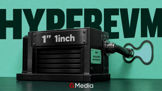 A black mechanical device labeled '1" 1inch' with a tag reading 'CARESS ONLY NOT PROTECTED!' set against a teal background with large 'HYDEREVM' text and 'Q Media' branding.