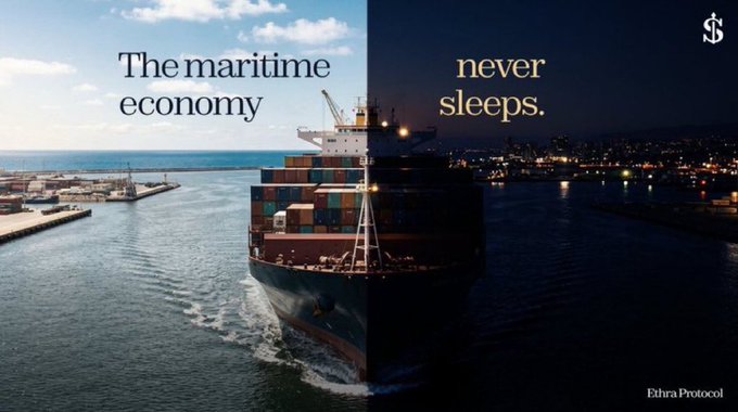 The image is a split-screen promotional graphic for Ethra Protocol, showing a container ship with the text "The maritime economy" on a daytime left side and "never sleeps." on a nighttime right side, visually reinforcing the 24/7 nature of maritime commerce that the $SHIP token aims to support through staking mechanisms.