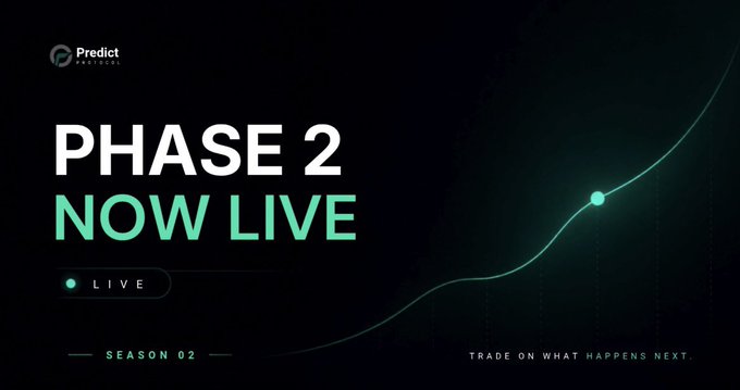 A promotional graphic for 'Predict Protocol' announces 'PHASE 2 NOW LIVE' with 'SEASON 02' and the tagline 'TRADE ON WHAT HAPPENS NEXT.'