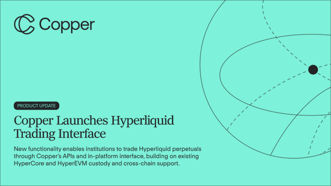 A product announcement graphic for Copper with a turquoise background, featuring the headline 'Copper Launches Hyperliquid Trading Interface' and text about new functionality enabling institutions to trade Hyperliquid perpetuals through Copper's APIs and in-platform interface.