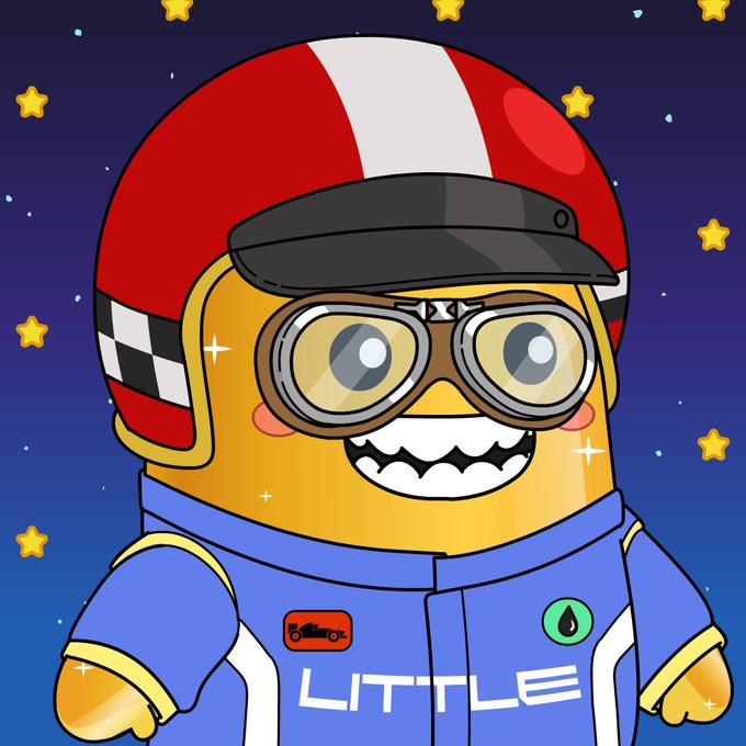 Cartoon illustration of a Minion character wearing a red and white racing helmet and a blue racing suit labeled "LITTLE" with a green water drop badge, set against a starry night background.