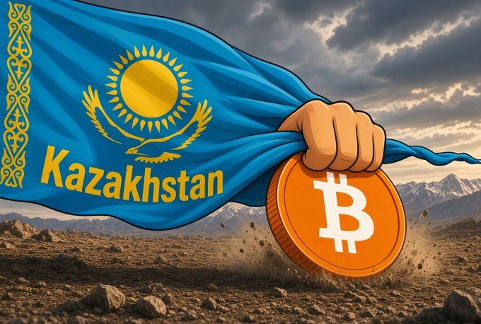 The image shows a hand emerging from a Kazakhstan flag (featuring the sun and eagle emblem with "Kazakhstan" text) gripping a large orange Bitcoin coin against a mountainous landscape background, symbolizing the nation's crypto tax amnesty policy.