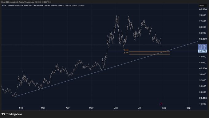A TradingView 4-hour chart of Hyperliquid Perpetual Contract ($HYPE/USDT) shows the price currently at 55.133, down 0.84% (-0.465), with the asset pulling back from highs near 76 toward a rising trendline support around 51.77, illustrating the "lower" price action referenced in the post.