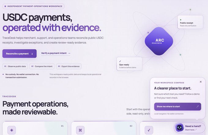 A website screenshot for "TraceDesk," an "Independent Payment Operations Workspace" for managing USDC payments, featuring sections titled "USDC payments, operated with evidence" and "Payment operations, made reviewable."
