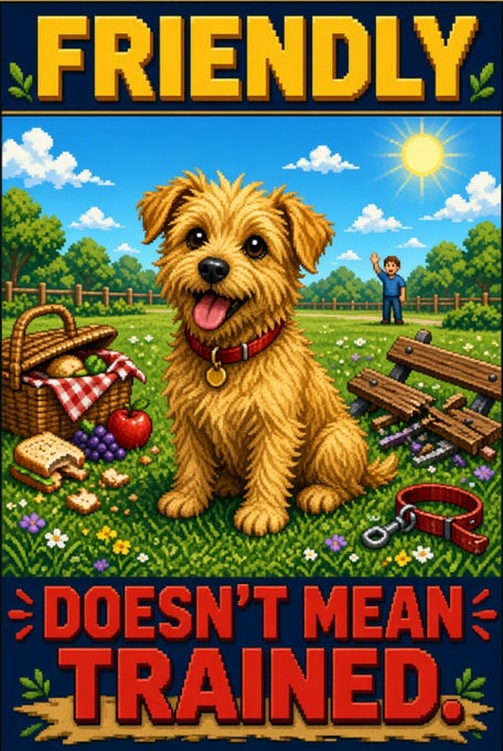A pixel-art style illustration features a smiling, scruffy brown dog sitting in a sunny meadow with a picnic basket, apple, and leash nearby, beneath the bold text "FRIENDLY" and above the red warning "DOESN'T MEAN TRAINED." The whimsical image visually reinforces the meme's playful message that a dog's friendly demeanor doesn't guarantee obedience—perfect for the "Friendly" memecoin branding.