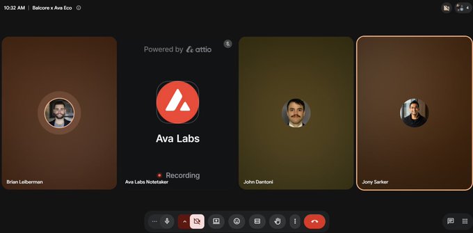 A video conference interface powered by 'attio' showing a recording session titled 'Ava Labs Notetaker' with participants Brian Leiberman, John Dantoni, and Jony Sarker.