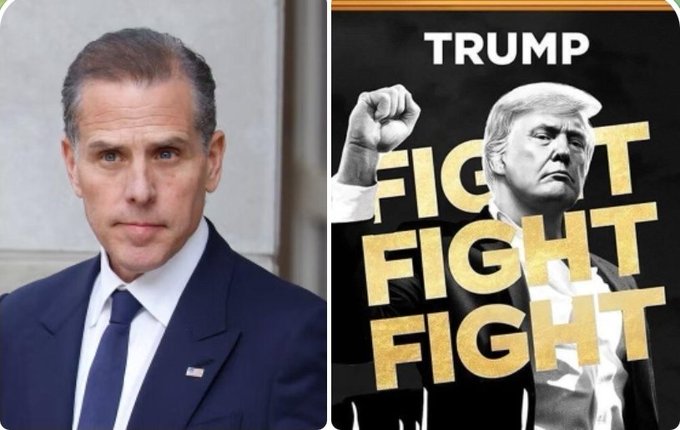 A split image of Hunter Biden beside a Trump poster featuring Donald Trump with a raised fist and the repeated text “FIGHT FIGHT FIGHT.”