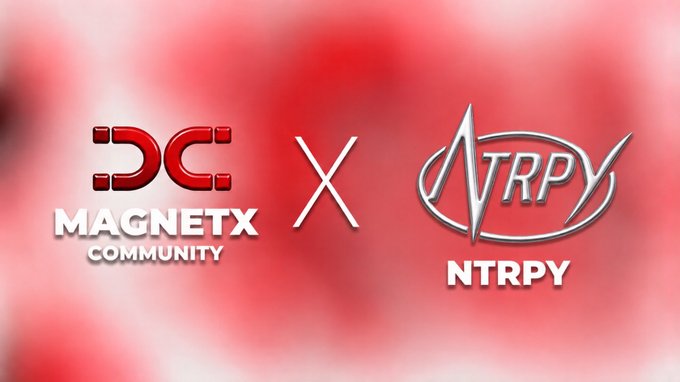 A promotional graphic showing a collaboration between 'DC MAGNETX COMMUNITY' and 'NTRPY,' displayed with a red background and silver logos separated by an 'X'.