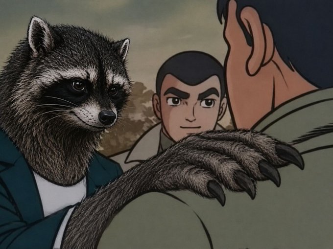 An animated raccoon in a suit presses a clawed paw on the shoulder of a man, while another man glares at them with a stern expression. The scene, with the raccoon "breaking the news" to its human companion, humorously mirrors the post's message about needing to confide in a friend regarding "$Jimothy is going to 1b."