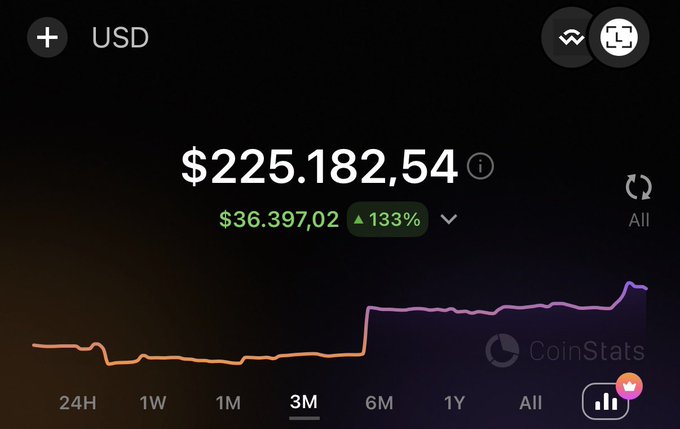 CoinStats app showing a balance of $225,182.54 USD, with a 3-month chart and a $36,397.02 (+133%) gain.