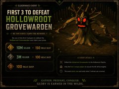 A 'Clash of Clans' event graphic titled 'First 3 to Defeat Hollowroot Grove Warden' offering rewards of 10M gold, 150 wall mix, and 100 wall mix.
