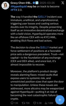 A X/Twitter post by Gracy Chen (@GracyChen_Bi...) from 2025-03-26 discussing the $SIELLY incident, Hyperliquid, CEX/DEX issues, and the FTX 2.0 warning.