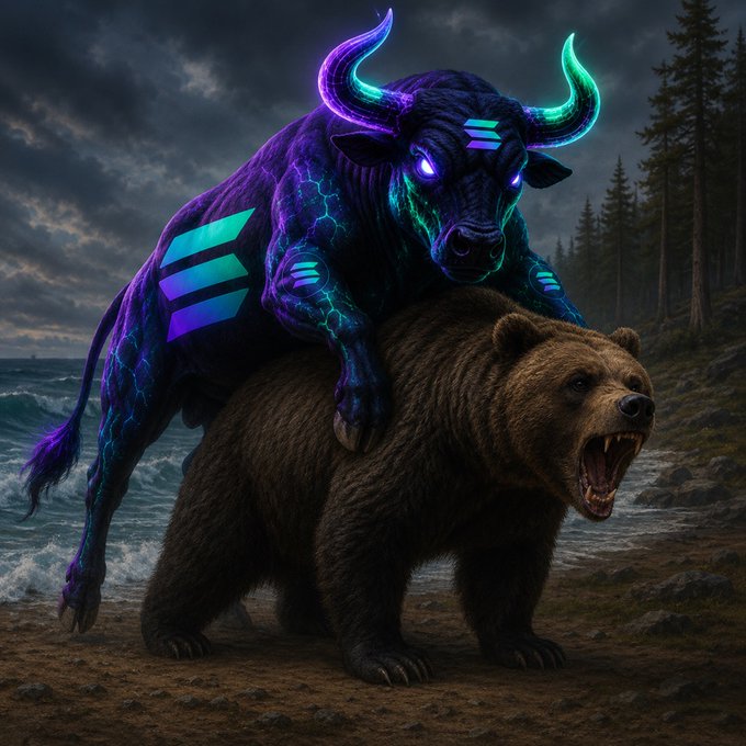 A digital artwork depicting a glowing neon bull in purple and cyan colors riding on the back of a roaring brown bear against a dark, cloudy seascape.