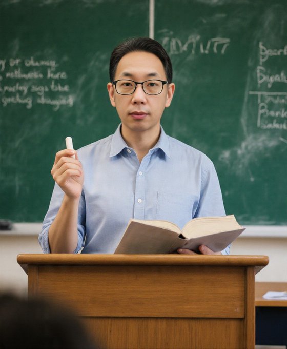 An Asian man wearing glasses and a light blue shirt standing at a wooden podium, holding chalk and an open book in front of a green chalkboard with writing.