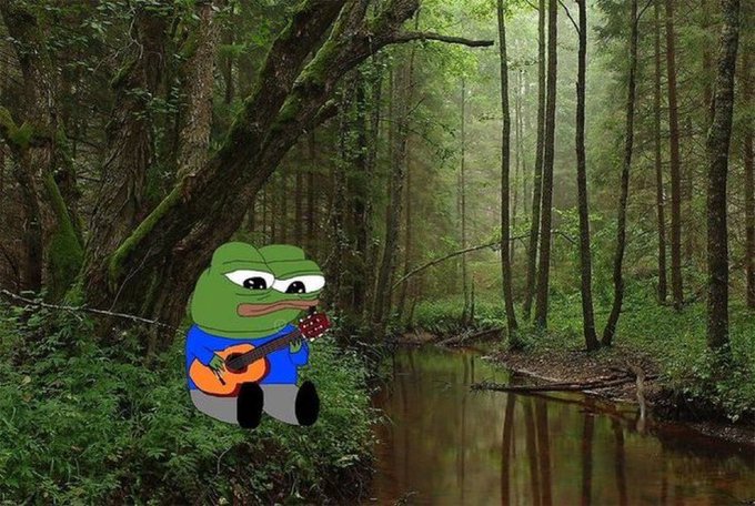 A Pepe the Frog meme character wearing a blue shirt is digitally composited into a lush green forest scene, sitting by a stream while playing an acoustic guitar.