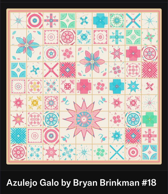The image features a colorful quilt with various shapes, including stars and flowers, spread across its surface. The text "Azulejo galo by Bryan Brinkman #18" is present, indicating that this quilt was created by Bryan Brinkman in Azulejo, California.