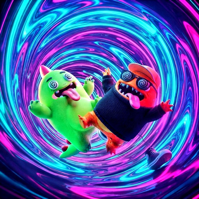A surreal, vibrant digital artwork showing two cartoonish creatures with spiral hypnotic eyes (one green, one orange) and tongues sticking out, floating in a swirling purple and cyan psychedelic vortex.