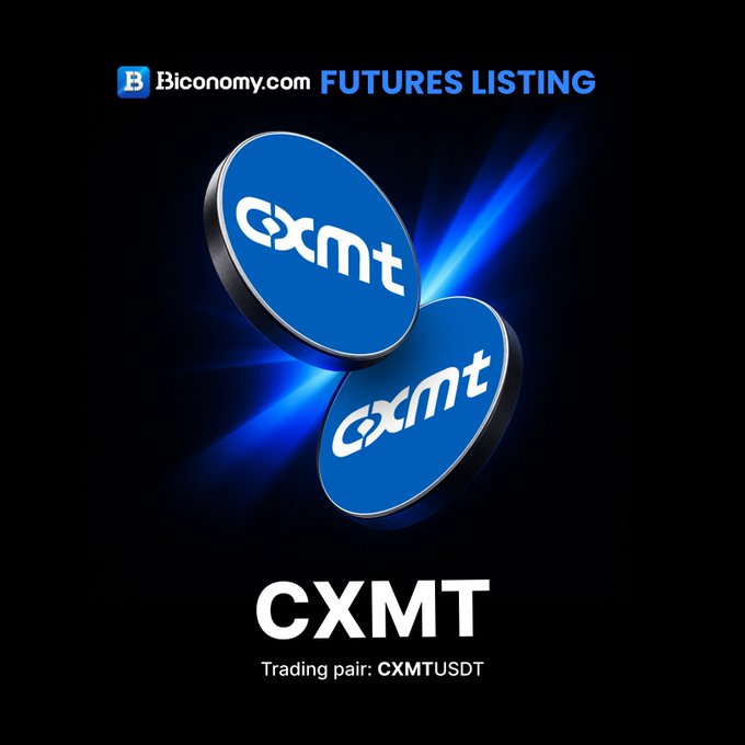 Promotional graphic for Biconomy.com announcing a new futures listing for CXMT, featuring two stacked blue 3D CXMT coin logos on a black background, with text indicating "Biconomy.com FUTURES LISTING," "CXMT," and the trading pair "CXMTUSDT."