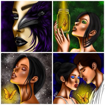 A four-panel artistic illustration features a woman with a raven mask, a woman holding a glowing yellow jar with a butterfly, a woman in profile with a glowing butterfly, and a couple with a glowing yellow butterfly between them.