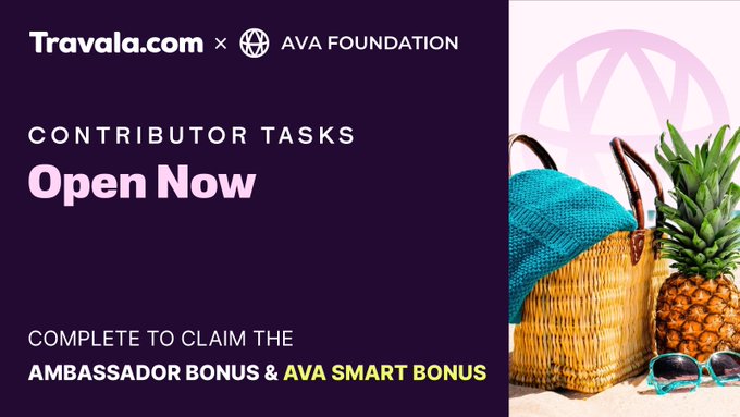 A promotional banner for Travala.com x AVA Foundation 'Contributor Tasks', featuring a wicker bag, pineapple, and sunglasses.