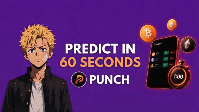 Purple promotional banner featuring an anime-style blonde character with a bandaged cheek next to the text 'PREDICT IN 60 SECONDS PUNCH' alongside a smartphone showing crypto betting and a 1:00 stopwatch.