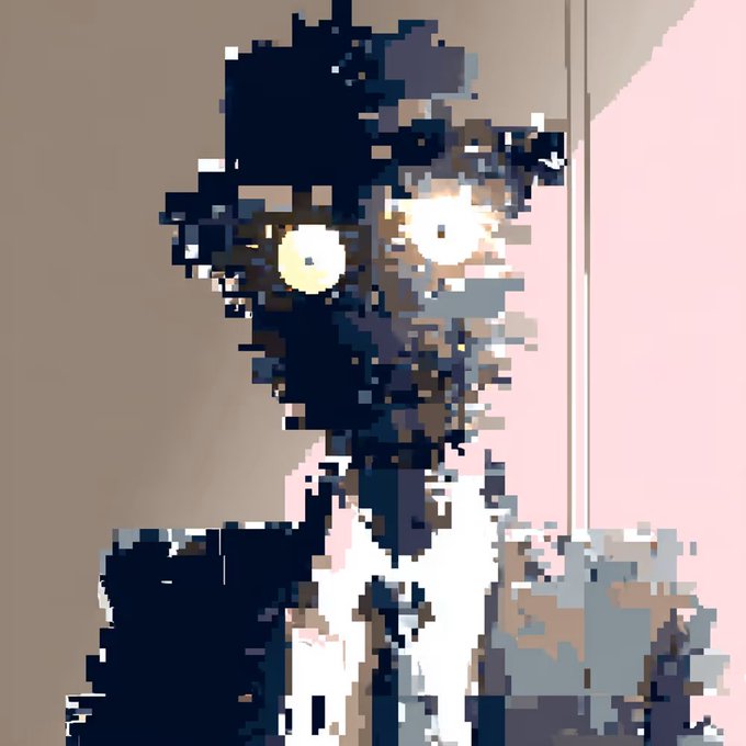 A highly pixelated, low-resolution image depicting a dark figure with glowing yellow eyes wearing a top hat and suit, standing against a pink and beige background.