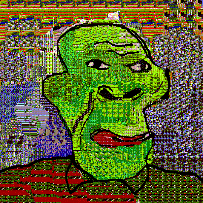 A highly distorted, pixelated image of a green cartoon face with drooping eyes and red lips, appearing as a corrupted digital glitch art piece.