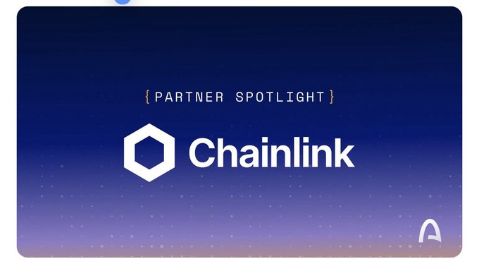 A dark blue gradient graphic featuring the text '{ PARTNER SPOTLIGHT }' above the Chainlink logo and name.