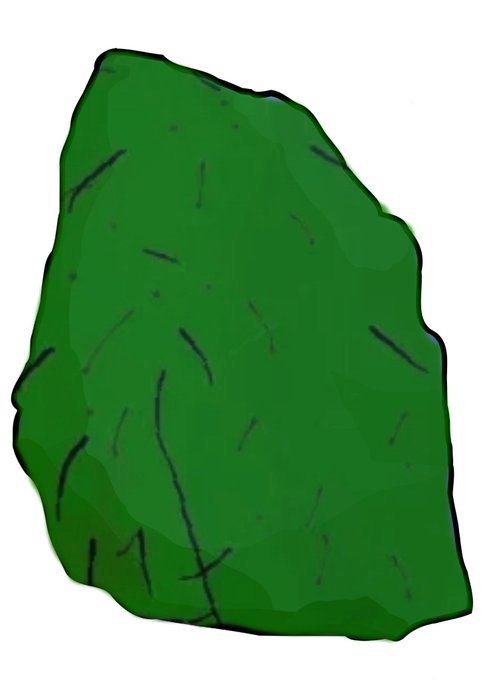 An illustration of a simple green rock or stone shape with darker line details on a white background.