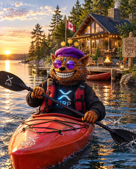 A cartoon werewolf mascot wearing a purple beret and round sunglasses paddles a red kayak branded with the XRP logo on a calm lake at sunset, with a Canadian flag and a 'Good Vibes Only' sign visible in the background.