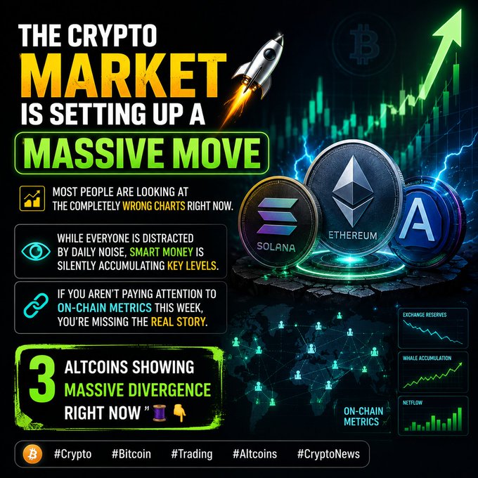 A bold promotional graphic titled "THE CRYPTO MARKET IS SETTING UP A MASSIVE MOVE," featuring 3D renderings of Solana, Ethereum, and other cryptocurrency coins, alongside charts and text emphasizing on-chain metrics and altcoin divergence.