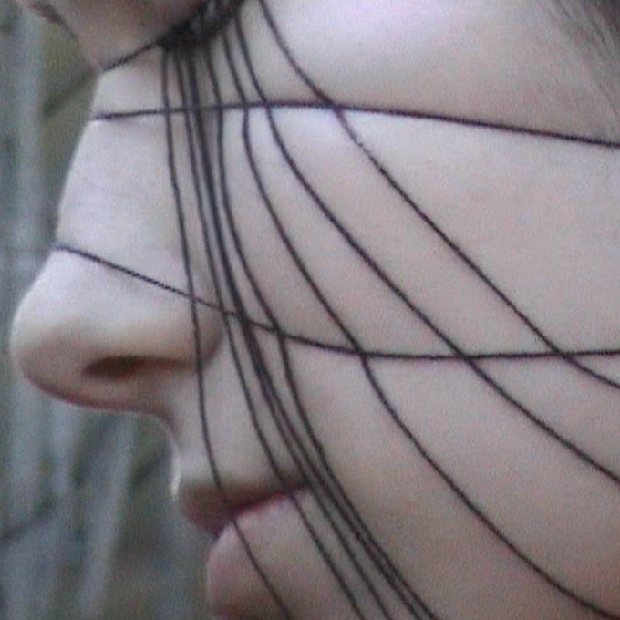 A close-up photo showing a person's face partially obscured by strands of dark hair blowing across their nose, cheek, and mouth. The strands create dramatic crisscrossing lines against the pale skin.