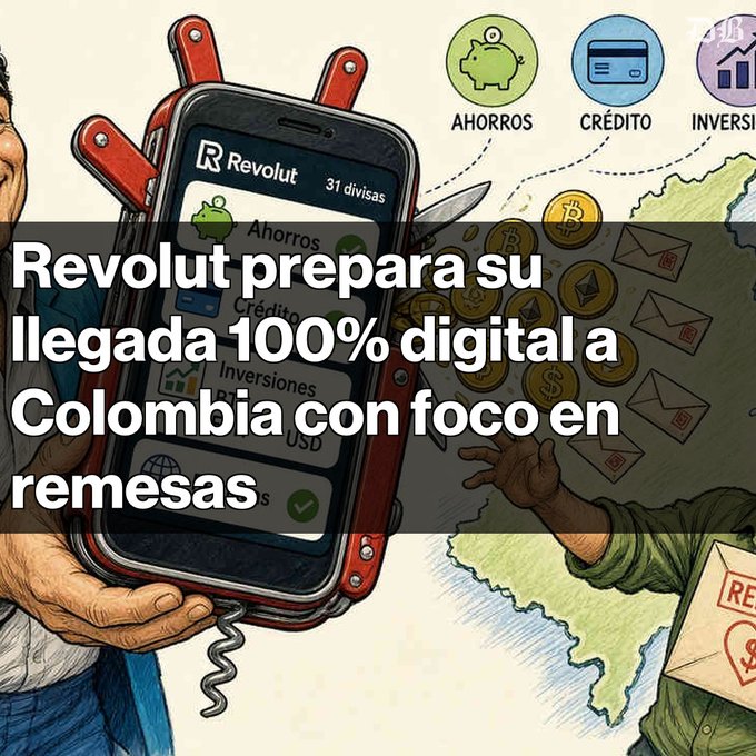 A promotional graphic about Revolut's digital launch in Colombia, with Spanish text reading "Revolut prepara su llegada 100% digital a Colombia con foco en remesas," featuring an illustrated phone displaying the app's savings, credit, and investment features.