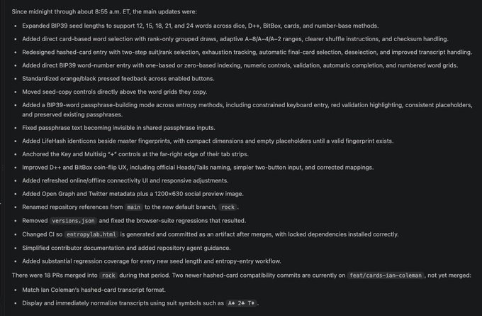 A text screenshot of a detailed changelog or update list, likely from a GitHub pull request, covering technical changes such as 'Expanded BIP39 seed lengths,' 'Added direct card-seed word selection,' and various UI improvements, with a timestamp of '8:55 a.m. ET.'
