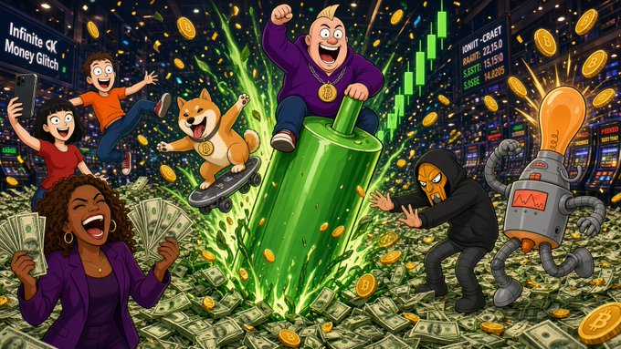 A vibrant, cartoonish AI-generated illustration titled 'Infinite OK Money Glitch' showing various characters celebrating amidst falling money, coins, and Bitcoin symbols, with stock-like data and a robot character visible.