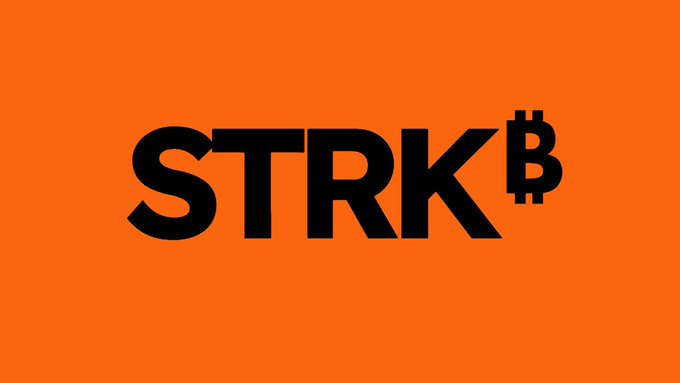 An orange background displaying the black text 'STRK' followed by a Bitcoin symbol.