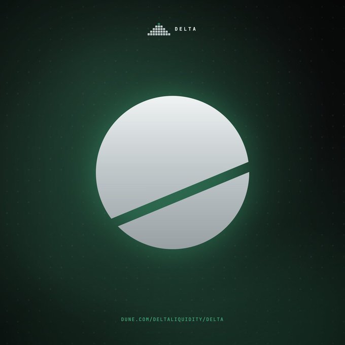 A stylized white sphere with a green band across it sits on a dark green background, featuring the "DELTA" logo with a bar chart icon at the top and the URL "DUNE.COM/DELTALIQUIDITY/DELTA" at the bottom, serving as a promotional graphic for Delta's new analytics dashboard on the Dune platform.