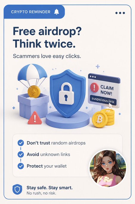 A 'Crypto Reminder' infographic warning about free airdrop scams with the headline 'Free airdrop? Think twice. Scammers love easy clicks,' featuring 3D illustrations of a parachute coin drop, a shield, and a phishing pop-up, with safety tips and a 'Stay safe. Stay smart.' message.