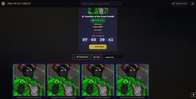 The 1MCollectibles NFT platform interface displaying 'Guardian of the Green Candle' NFT mint page starting at 1.00 XRP with countdown timer showing 07:03:29:41, and previews of editions #1-#4.