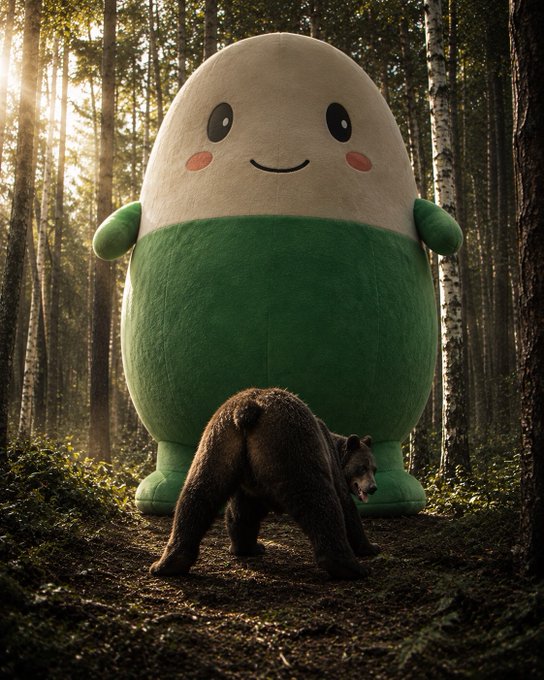 A giant plush avocado-mascot character stands in a sunlit forest while a real bear walks past in the foreground—fitting the post "bears making things real easy…" with a literal bear literally passing in front of the scene.