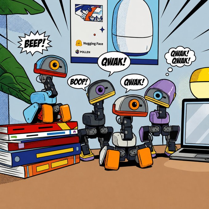 A comic-style illustration shows four small robots with "QWAK!" and "BOOP!" speech bubbles perched on a stack of books next to a laptop, with a "Hugging Face" and "Pollen" poster in the background, playfully depicting the new MICRODUCK community on Stonkster as a quirky group of chatty AI duck-bots.
