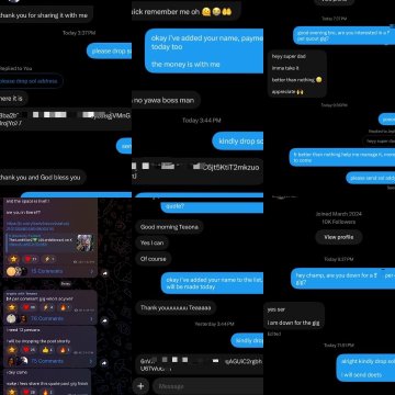 The image displays a collage of multiple Telegram DM conversations where the user is contacting friends and followers about paid commenting gig opportunities, with mentions of "$4 per comment" and tasks like "drop 1 nice comment on my tweet." This visually reinforces the accompanying post, which highlights the user's efforts in messaging 15 mutuals and 7 friends about gigs, paying $4 per comment to 12 people, and encouraging continued engagement and presence.
