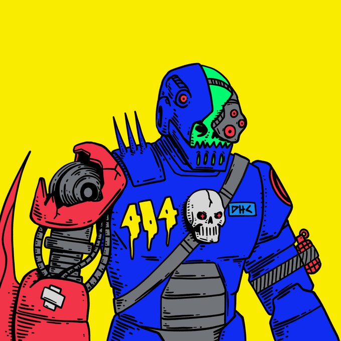 A colorful illustration of a blue robotic cyborg warrior with a red mechanical arm against a bright yellow background, featuring a skull emblem with '111' on its chest.