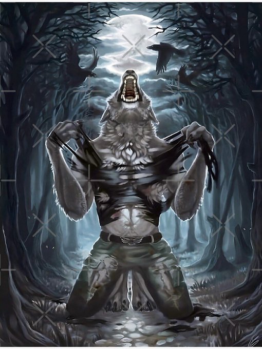 A dramatic digital illustration of a werewolf tearing its shirt open and howling at a full moon in a dark forest, with ravens flying nearby.