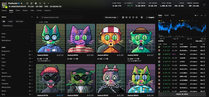 The image shows a Hashcats NFT marketplace listing page on Magic Eden (offers section), featuring eight pixel-art cat character NFTs with various traits and traits like "Hashcat #5438," "Hashcat #6214," and "Hashcat #9593," alongside a price chart showing a market cap of $11.58M. The page also displays active offers/bids, including one from "ultrapara" (visible in the activity feed), supporting the tweet's claim about ongoing accumulation activity on the collection.
