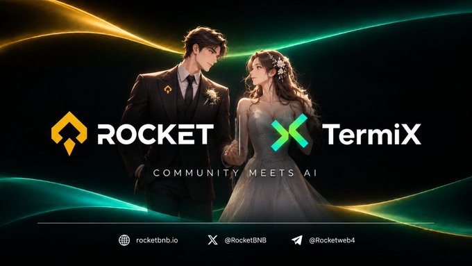 A promotional graphic announcing 'ROCKET X TermiX - Community Meets AI' featuring an anime-style couple, with social links to rocketbnb.io and handles @RocketBNB and @Rocketweb4.