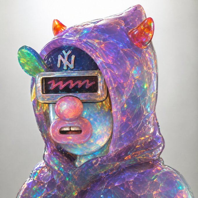 A holographic, iridescent purple sculpture of a horned figure wearing a hood, a visor displaying 'NY', and a protruding pink nose and mouth.