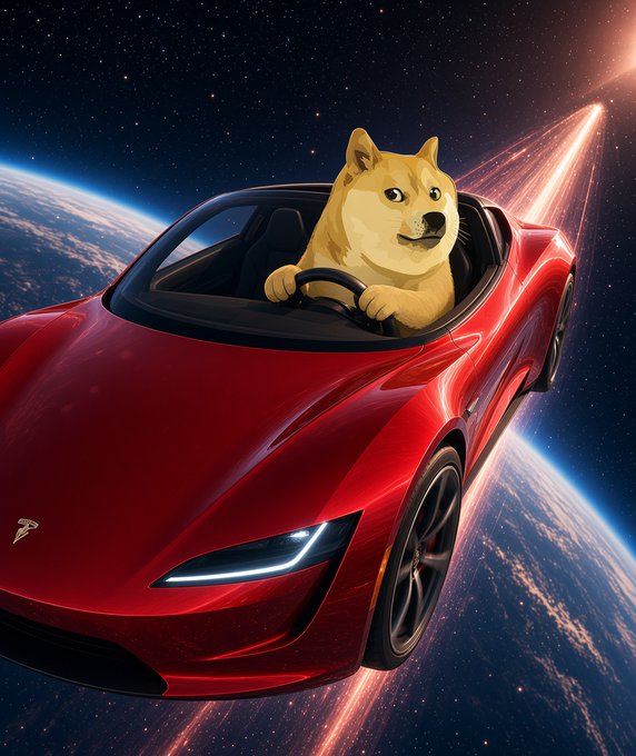 A doge Shiba Inu drives a red Tesla Roadster through space above Earth, with a fiery trail shooting behind it—visually capturing the post's quip about the new Tesla Roadster soaring "like a $DOGE" to the moon.