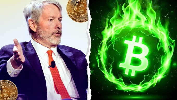 The image features a man wearing a suit and tie standing next to a graphic depicting a large green flame surrounded by smaller flames, creating an abstract symbol resembling a Bitcoin hash circle. The caption of the image indicates that Michael Saylor has created a strategy worth $9,000,000,000 to buy 1,000,000 Bitcoins, which will fund all obligations in Bitcoin and possibly own it for the rest of its life as well.